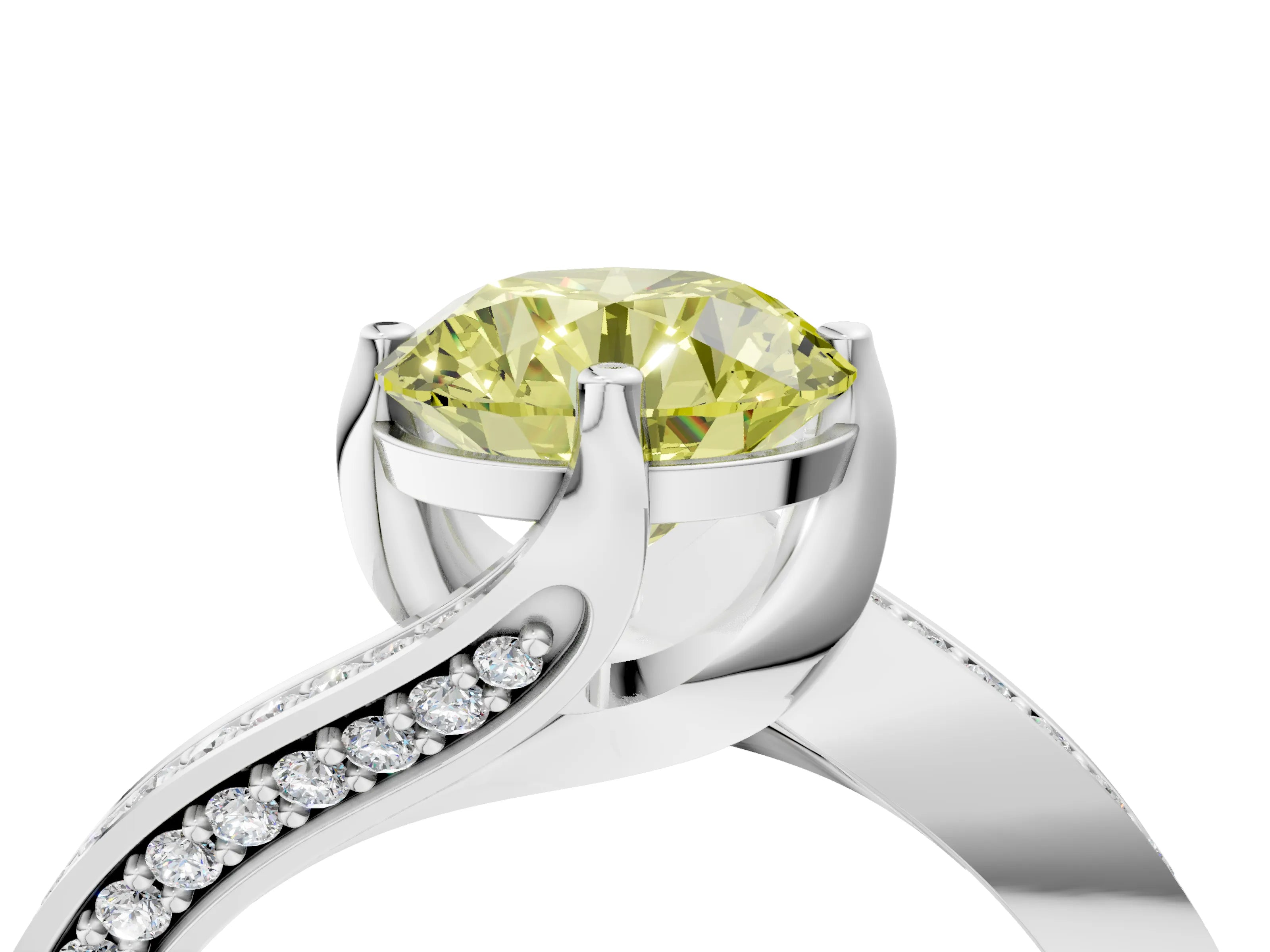 White gold Fancy Yellow Round Cut Solitaire Diamond Twist Band with Pavé Setting and Four-Prong Setting_4