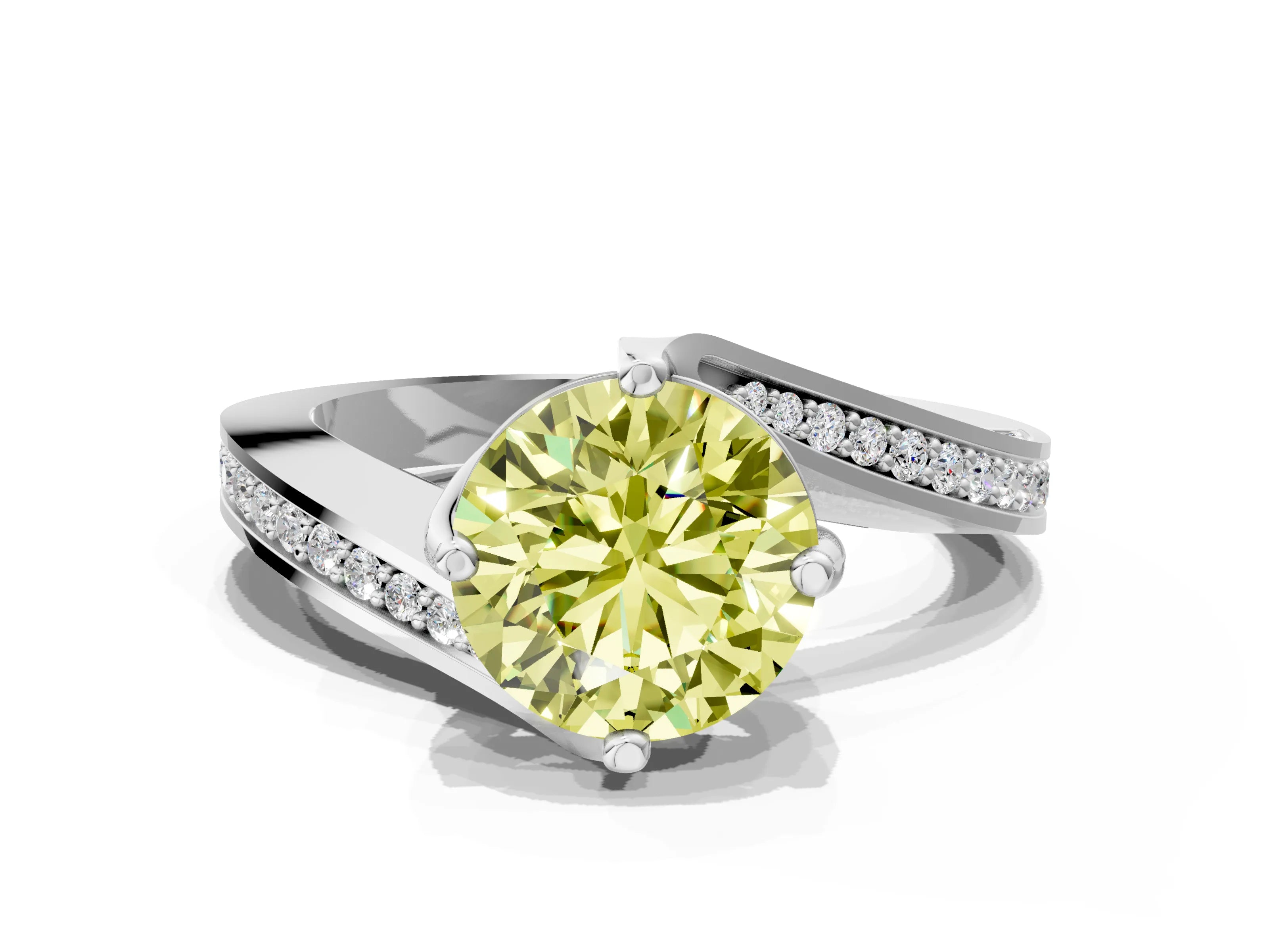 White gold Fancy Yellow Round Cut Solitaire Diamond Twist Band with Pavé Setting and Four-Prong Setting