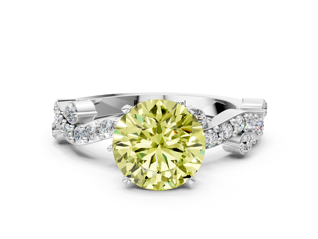 White gold Fancy Yellow Round  Cut Solitaire Diamond Twisted Band with Pave Setting