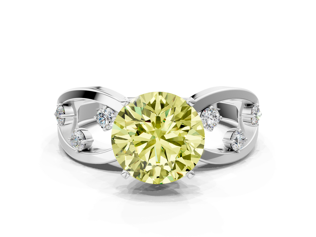 White gold Fancy Yellow Round  Cut Solitaire Diamond with Side Stones on Criss-Cross Band and Four-Prong Setting