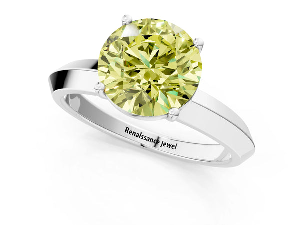 White gold Fancy Yellow Round  Cut Solitaire Engagement Ring with Flat Band and Four-Prong Setting