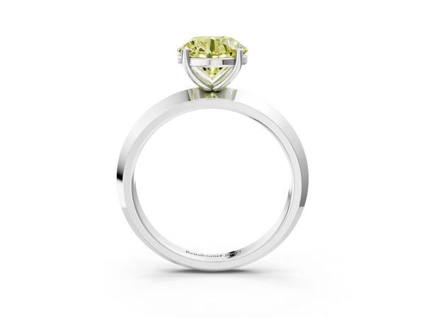 White gold Fancy Yellow Round  Cut Solitaire Engagement Ring with Flat Band and Four-Prong Setting