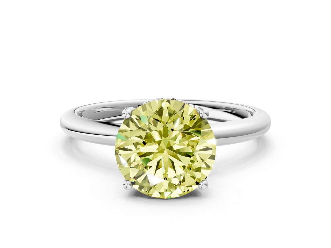 White gold Fancy Yellow Round  Cut Solitaire Engagement Ring with Four-Prong Setting and Classic Band