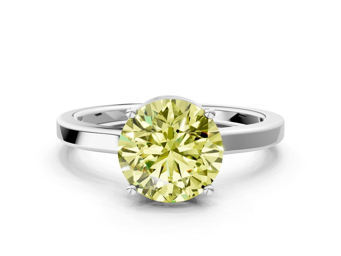 White gold Fancy Yellow Round  Cut Solitaire Engagement Ring with Four-Prong Setting on a Classic Band