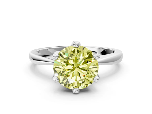White gold Fancy Yellow Round Cut Solitaire Engagement Ring with Six-Prong Setting and Tapered Band