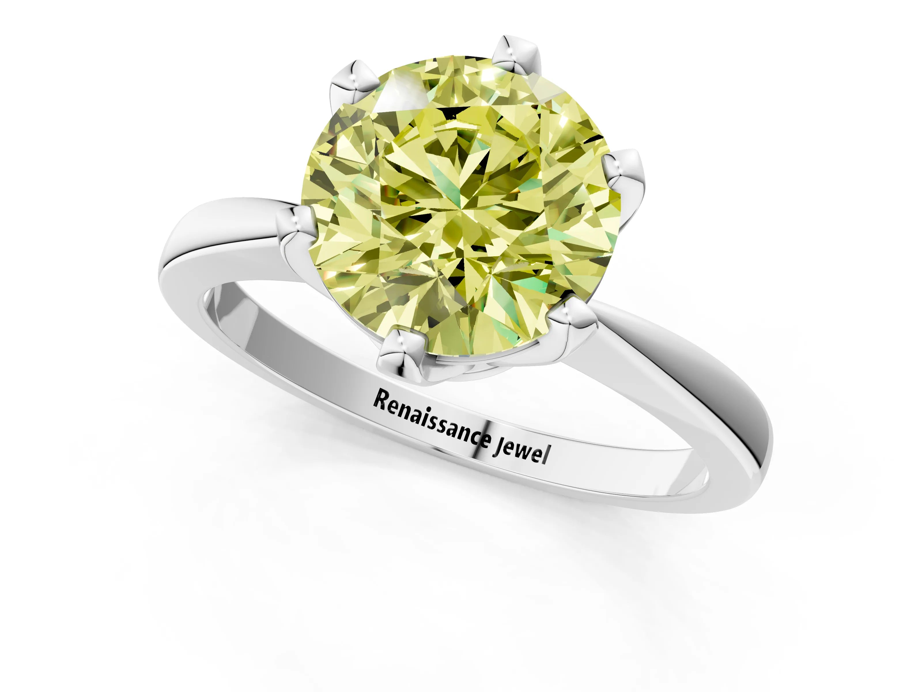 White gold Fancy Yellow Round Cut Solitaire Engagement Ring with Six-Prong Setting and Tapered Band_1
