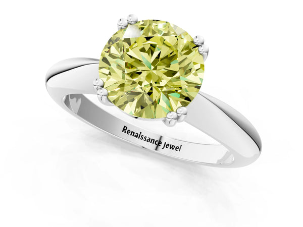 White gold Fancy Yellow Round  Cut Solitaire Engagement Ring with Tapered Band and Four-Prong Setting