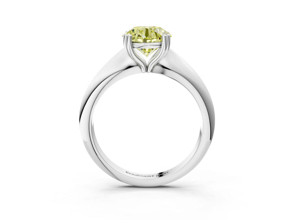 White gold Fancy Yellow Round  Cut Solitaire Engagement Ring with Tapered Band and Four-Prong Setting