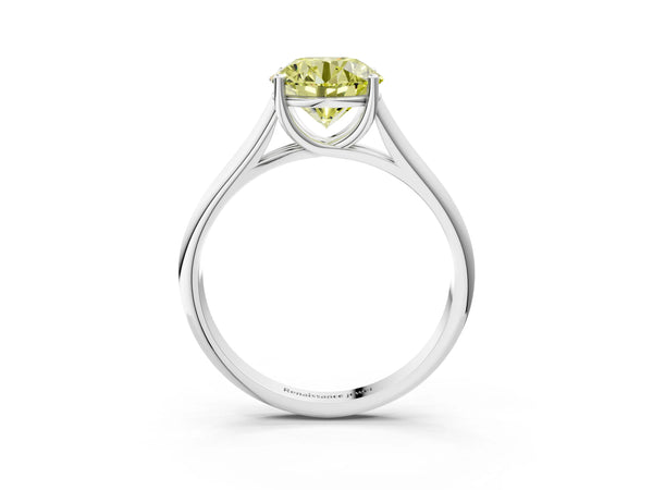 White gold Fancy Yellow Round Cut Solitaire Engagement Ring with Tapered Band and Four-Prong Setting