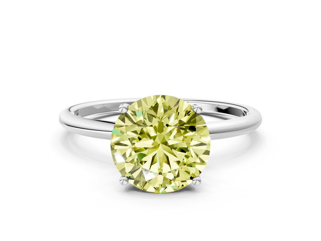 White gold Fancy Yellow Round  Cut Solitaire Engagement Ring with Thin Band and Four-Prong Setting_3