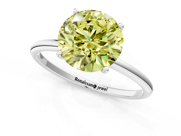 White gold Fancy Yellow Round  Cut Solitaire Engagement Ring with Thin Band and Four-Prong Setting