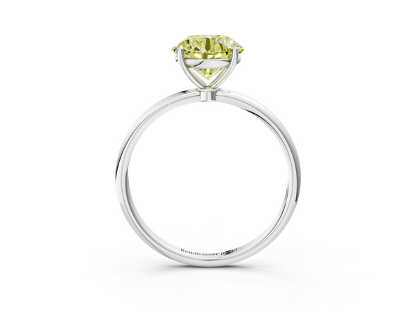 White gold Fancy Yellow Round  Cut Solitaire Engagement Ring with Thin Band and Four-Prong Setting