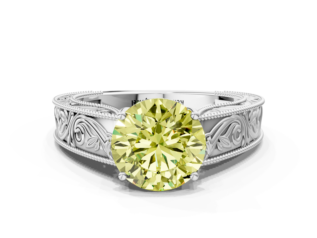 White gold Fancy Yellow Round  Cut Solitaire Engraved Band with Four-Prong Setting