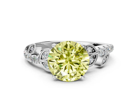 White gold Fancy Yellow Round Cut Solitaire Leaf-Inspired Diamond Ring with Pavé Band and Four-Prong Setting_12
