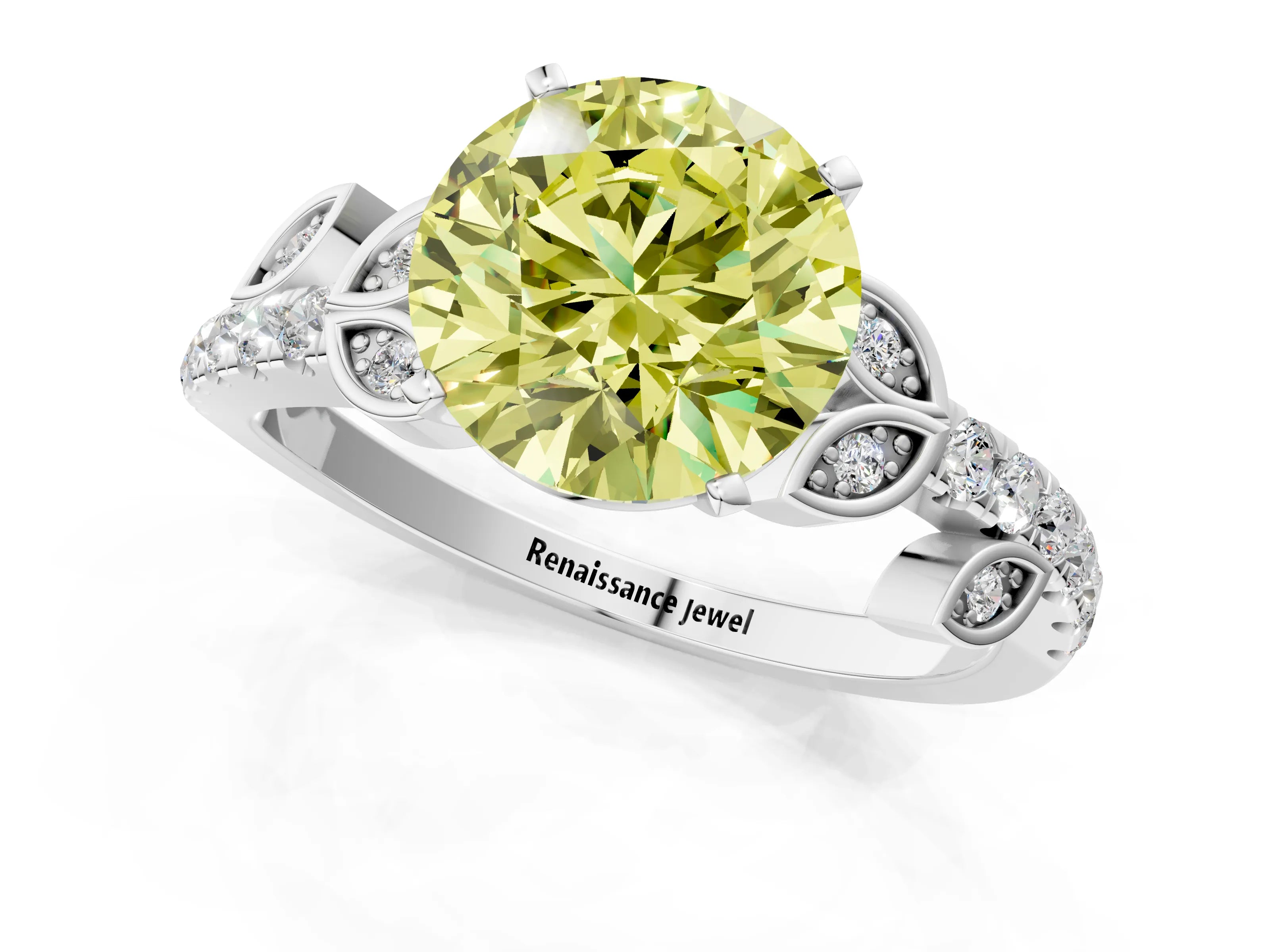 White gold Fancy Yellow Round Cut Solitaire Leaf-Inspired Diamond Ring with Pavé Band and Four-Prong Setting_13