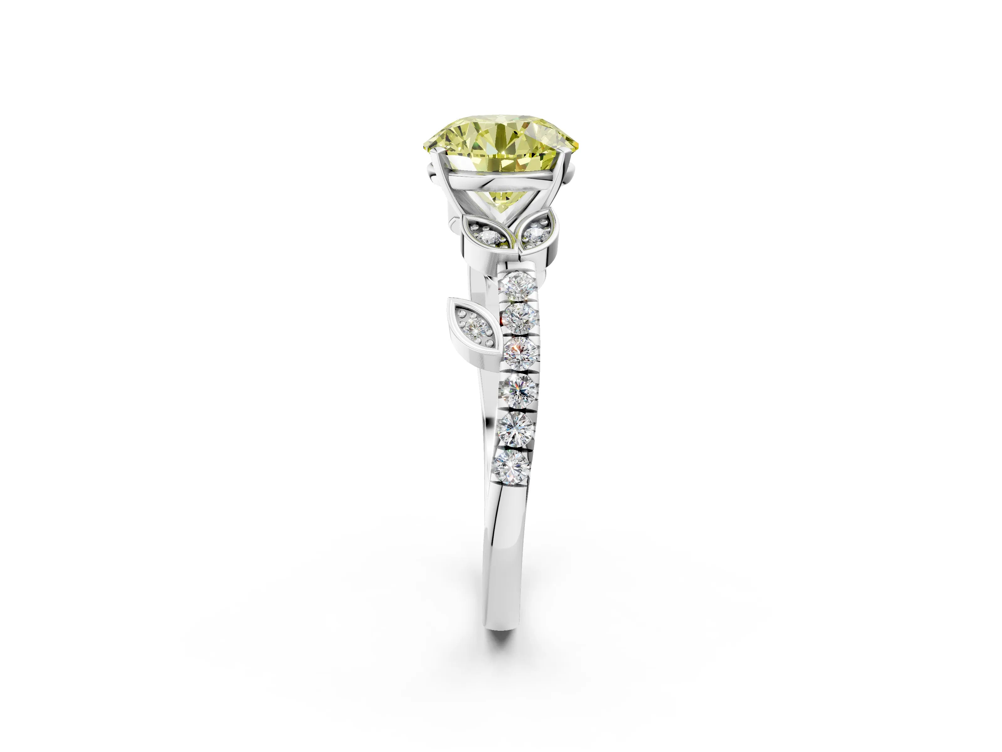 White gold Fancy Yellow Round Cut Solitaire Leaf-Inspired Diamond Ring with Pavé Band and Four-Prong Setting_14