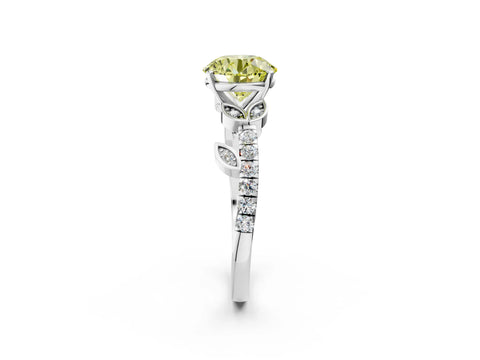 White gold Fancy Yellow Round Cut Solitaire Leaf-Inspired Diamond Ring with Pavé Band and Four-Prong Setting_14