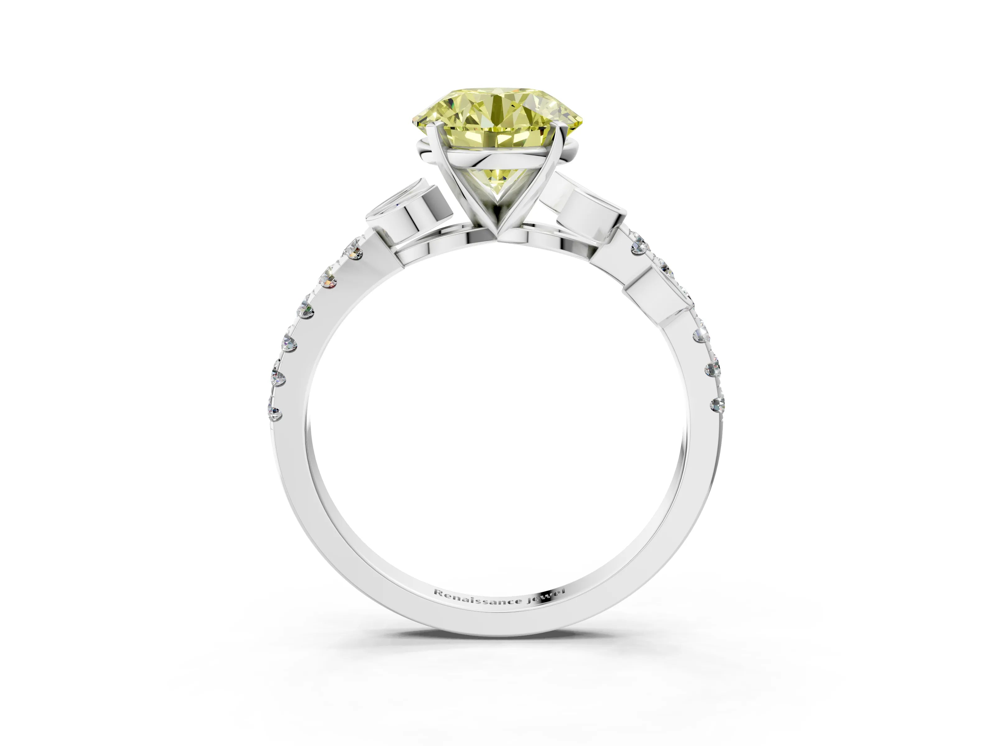 White gold Fancy Yellow Round Cut Solitaire Leaf-Inspired Diamond Ring with Pavé Band and Four-Prong Setting_15