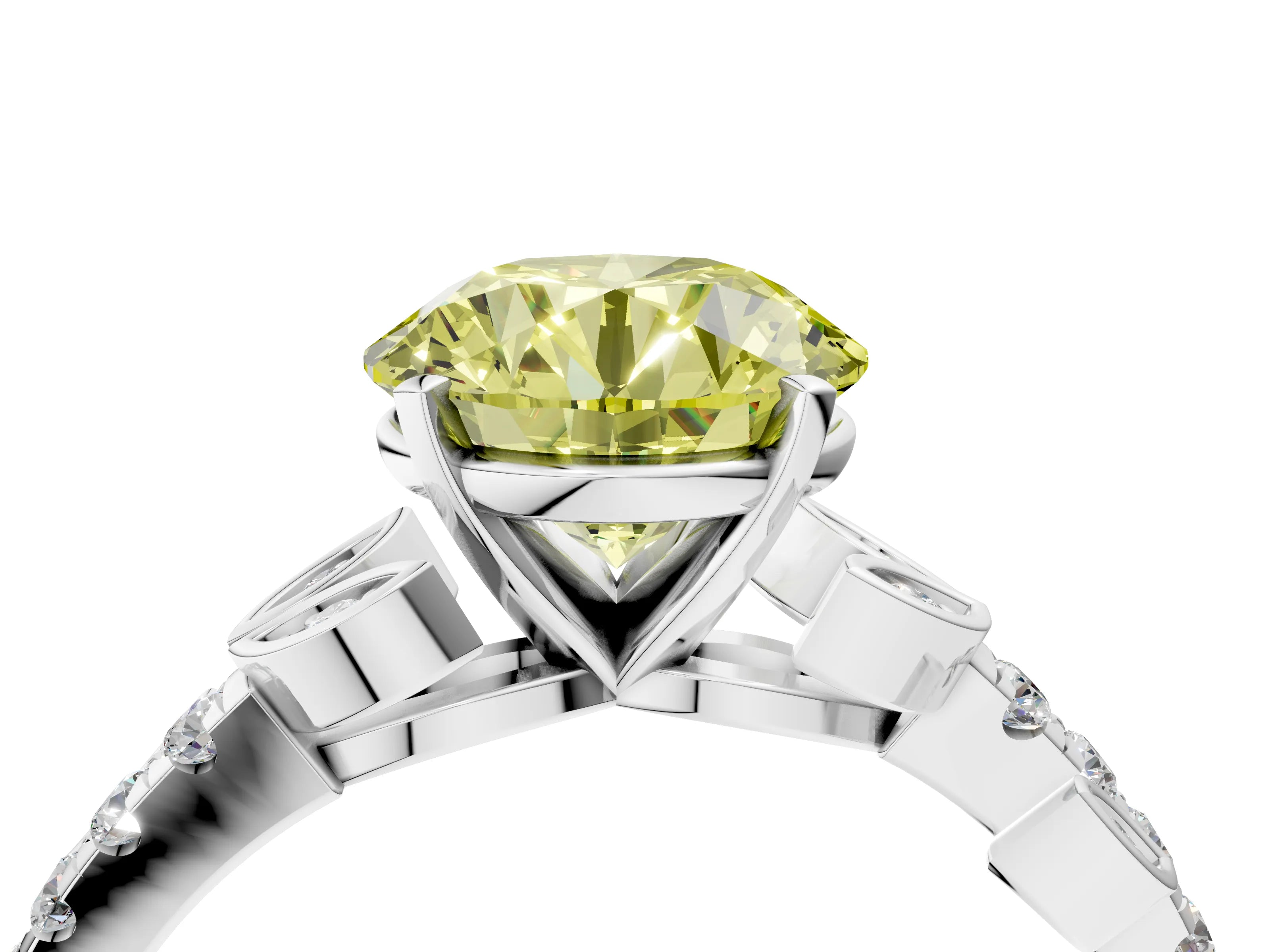 White gold Fancy Yellow Round Cut Solitaire Leaf-Inspired Diamond Ring with Pavé Band and Four-Prong Setting_16