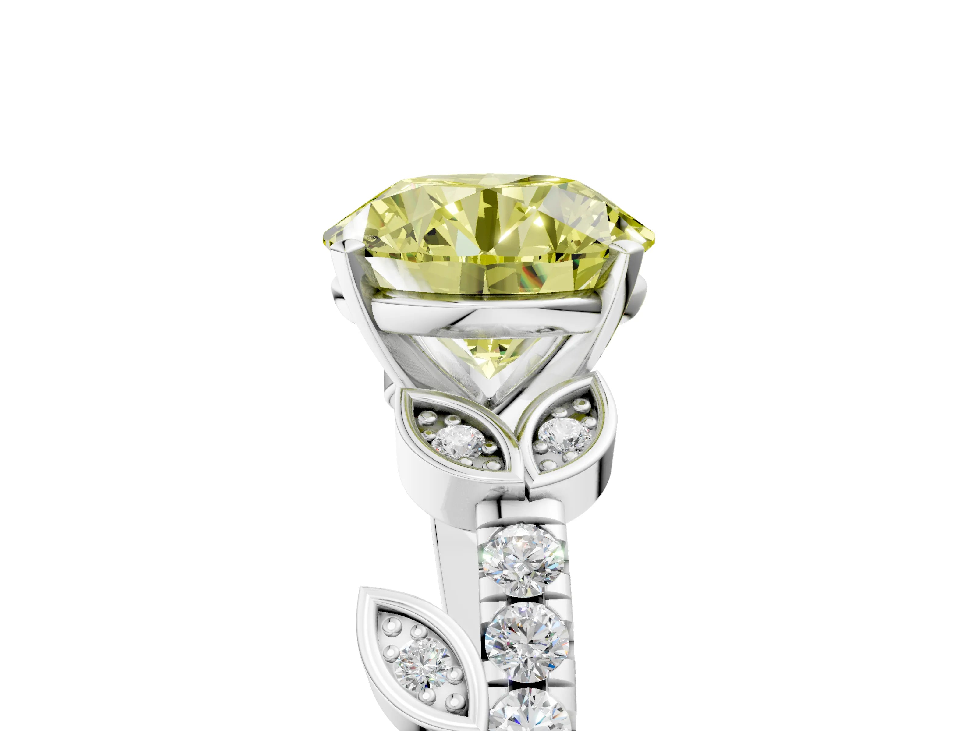 White gold Fancy Yellow Round Cut Solitaire Leaf-Inspired Diamond Ring with Pavé Band and Four-Prong Setting_17
