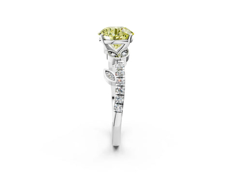 White gold Fancy Yellow Round Cut Solitaire Leaf-Inspired Diamond Ring with Pavé Band and Four-Prong Setting_2