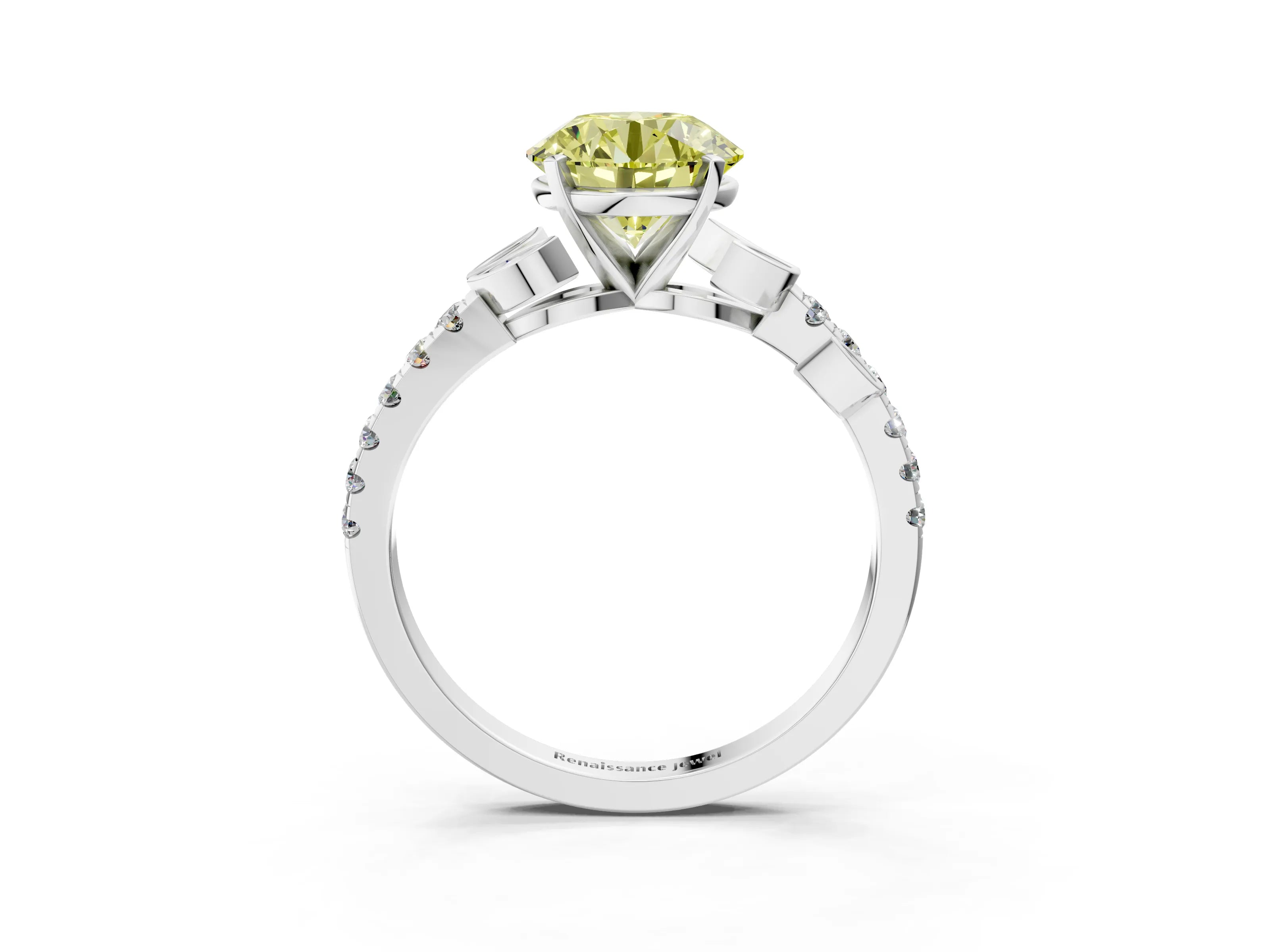 White gold Fancy Yellow Round Cut Solitaire Leaf-Inspired Diamond Ring with Pavé Band and Four-Prong Setting_3