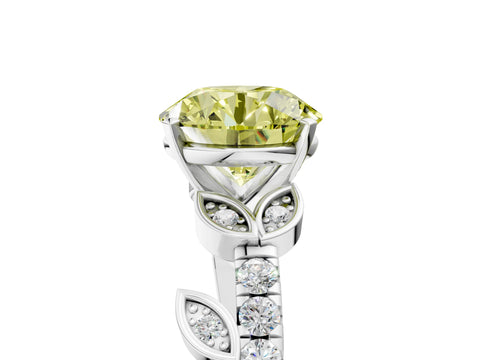 White gold Fancy Yellow Round Cut Solitaire Leaf-Inspired Diamond Ring with Pavé Band and Four-Prong Setting_5