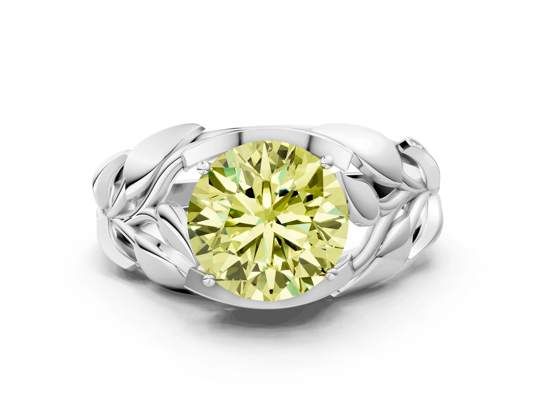 White gold Fancy Yellow Round Cut Solitaire Leaf-Inspired Engagement Ring with Prong Setting_12