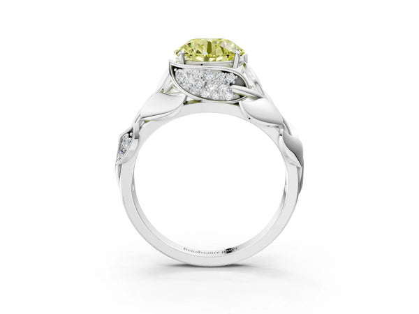 Platinum Round Leaf Bypass Engagement Ring Setting for Fancy Yellow Center with Pave Leaf Panels