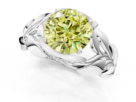 White gold Fancy Yellow Round Cut Solitaire Leaf-Inspired Engagement Ring with Prong Setting_1