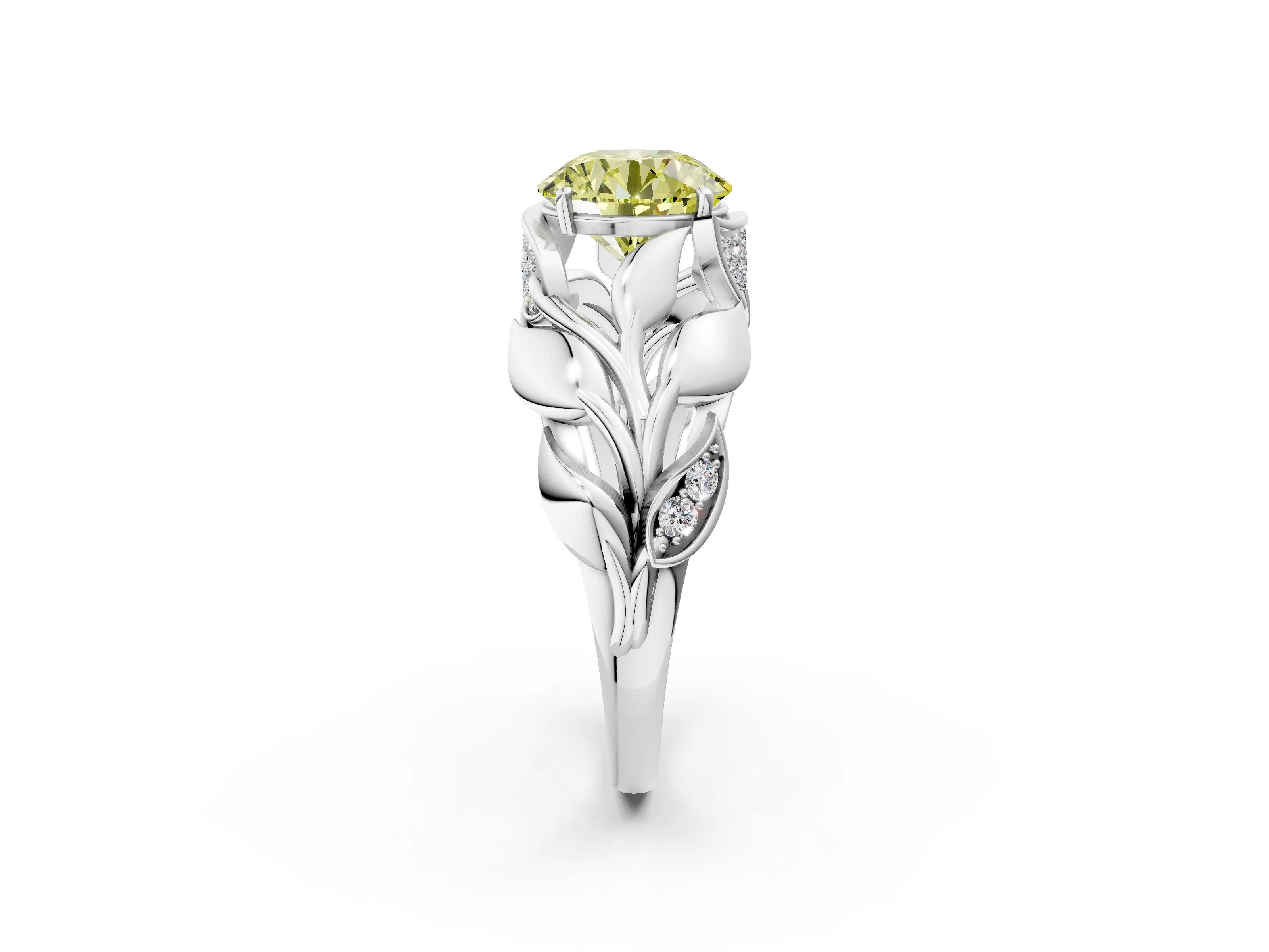 White gold Fancy Yellow Round Cut Solitaire Leaf-Inspired Engagement Ring with Prong Setting_2
