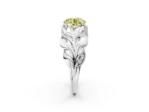 White gold Fancy Yellow Round Cut Solitaire Leaf-Inspired Engagement Ring with Prong Setting_2