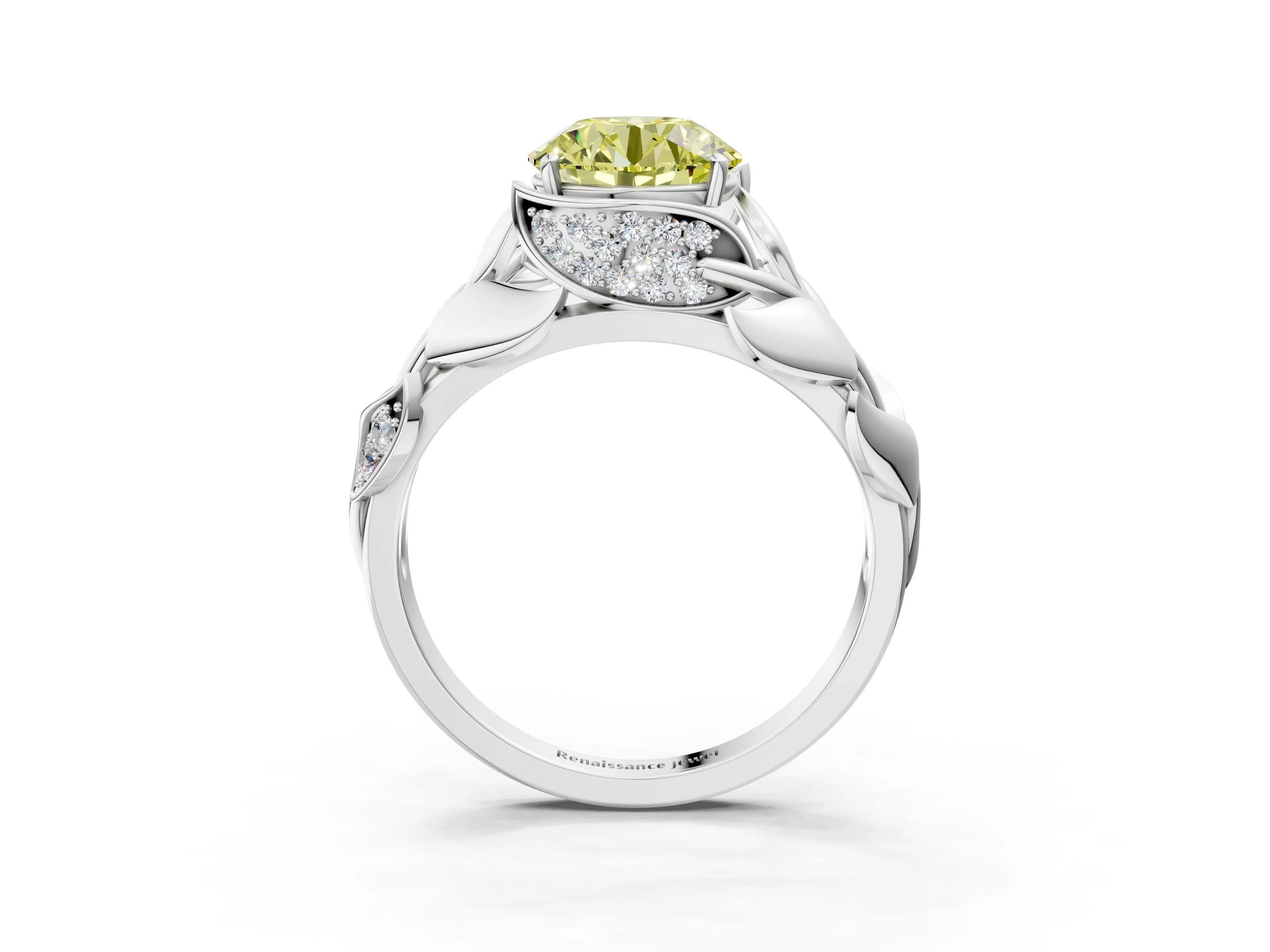 White gold Fancy Yellow Round Cut Solitaire Leaf-Inspired Engagement Ring with Prong Setting_3