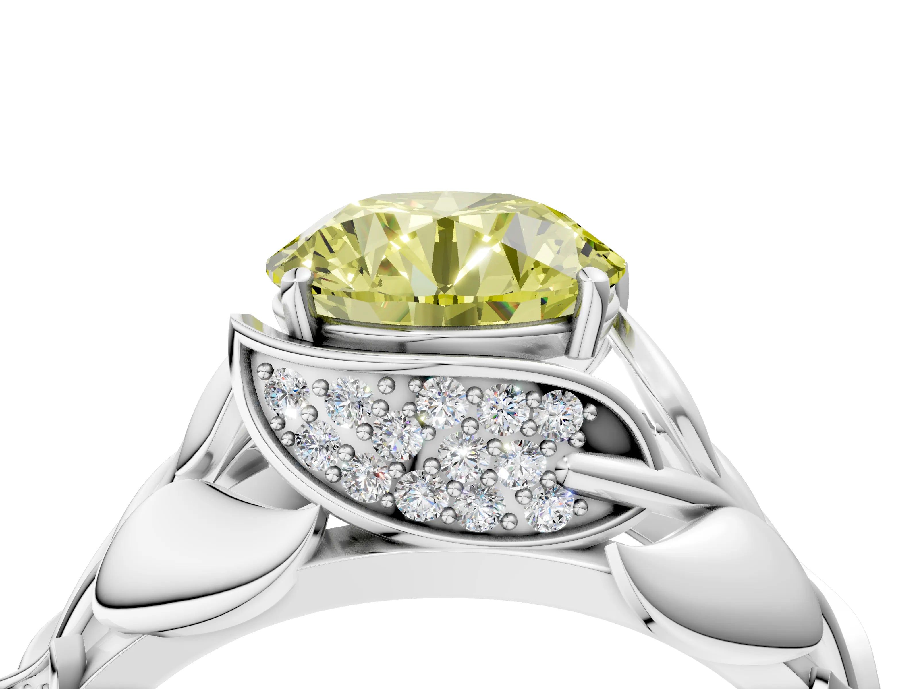 White gold Fancy Yellow Round Cut Solitaire Leaf-Inspired Engagement Ring with Prong Setting_4