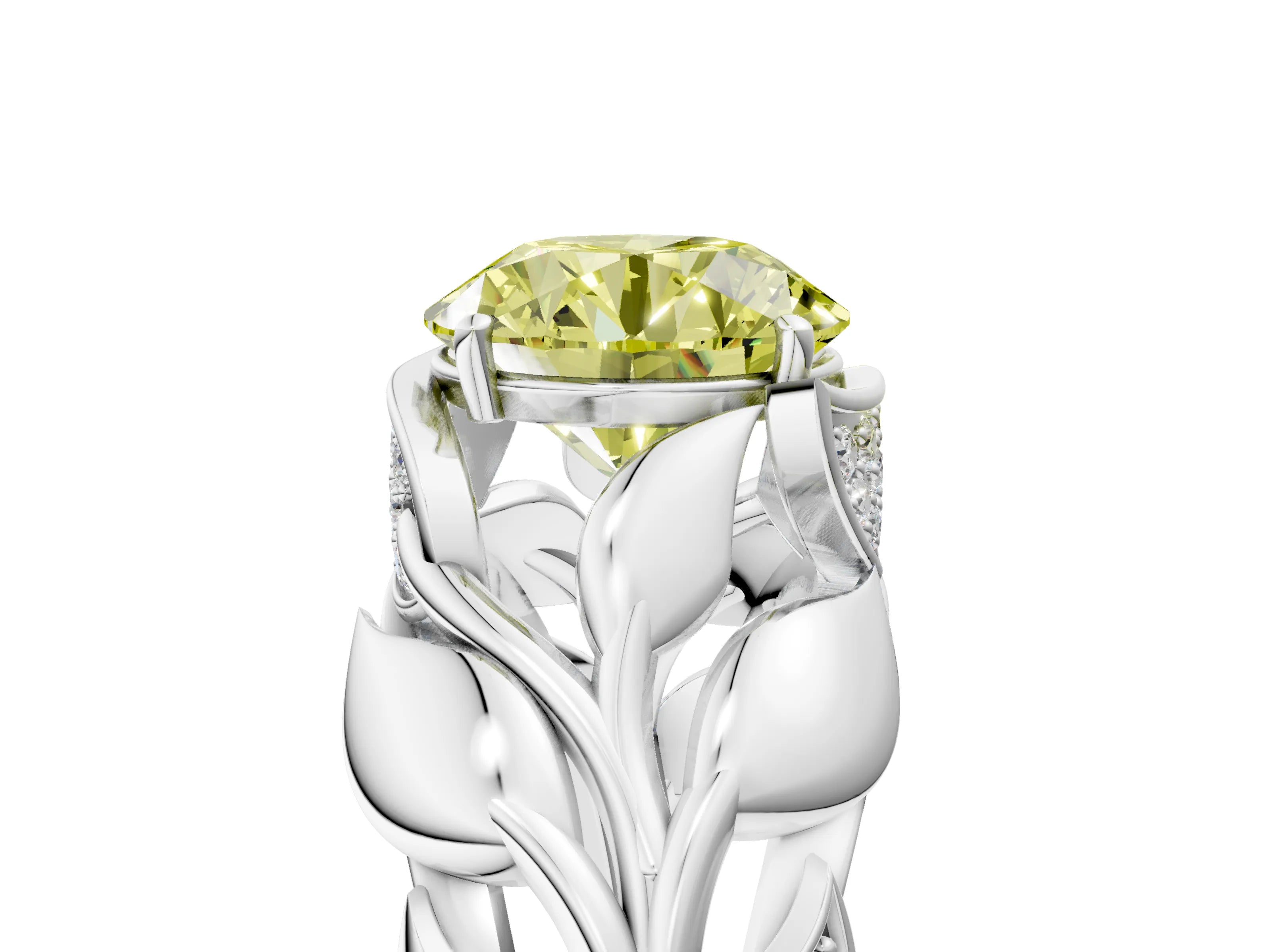 White gold Fancy Yellow Round Cut Solitaire Leaf-Inspired Engagement Ring with Prong Setting_5