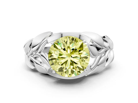 White gold Fancy Yellow Round Cut Solitaire Leaf-Inspired Engagement Ring with Prong Setting