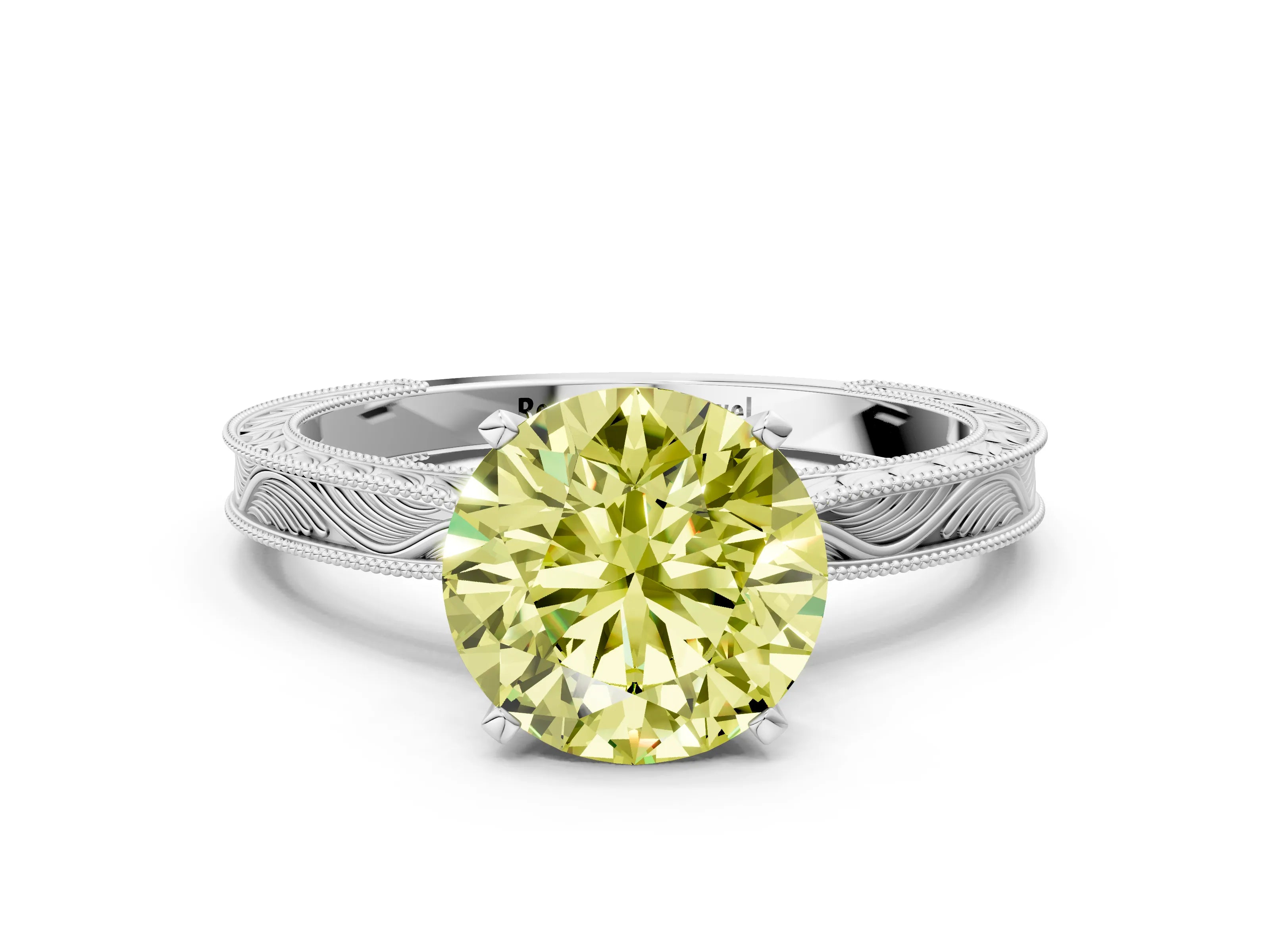 White gold Fancy Yellow Round Cut Solitaire Milgrain Engraved Band with Four-Prong Setting_12