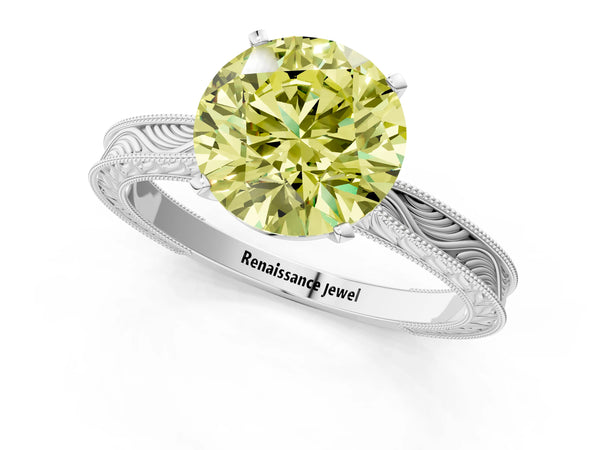 Platinum Round Solitaire Engagement Ring Setting for Fancy Yellow Center with Engraved Band