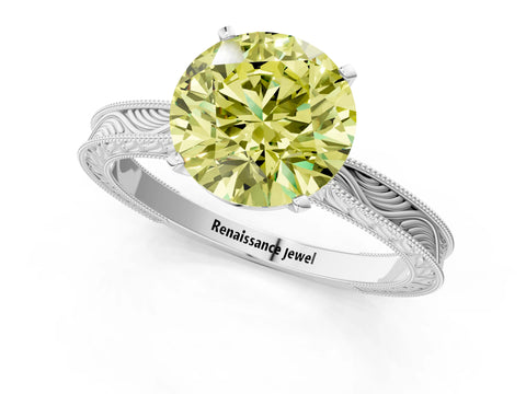 White gold Fancy Yellow Round Cut Solitaire Milgrain Engraved Band with Four-Prong Setting_13