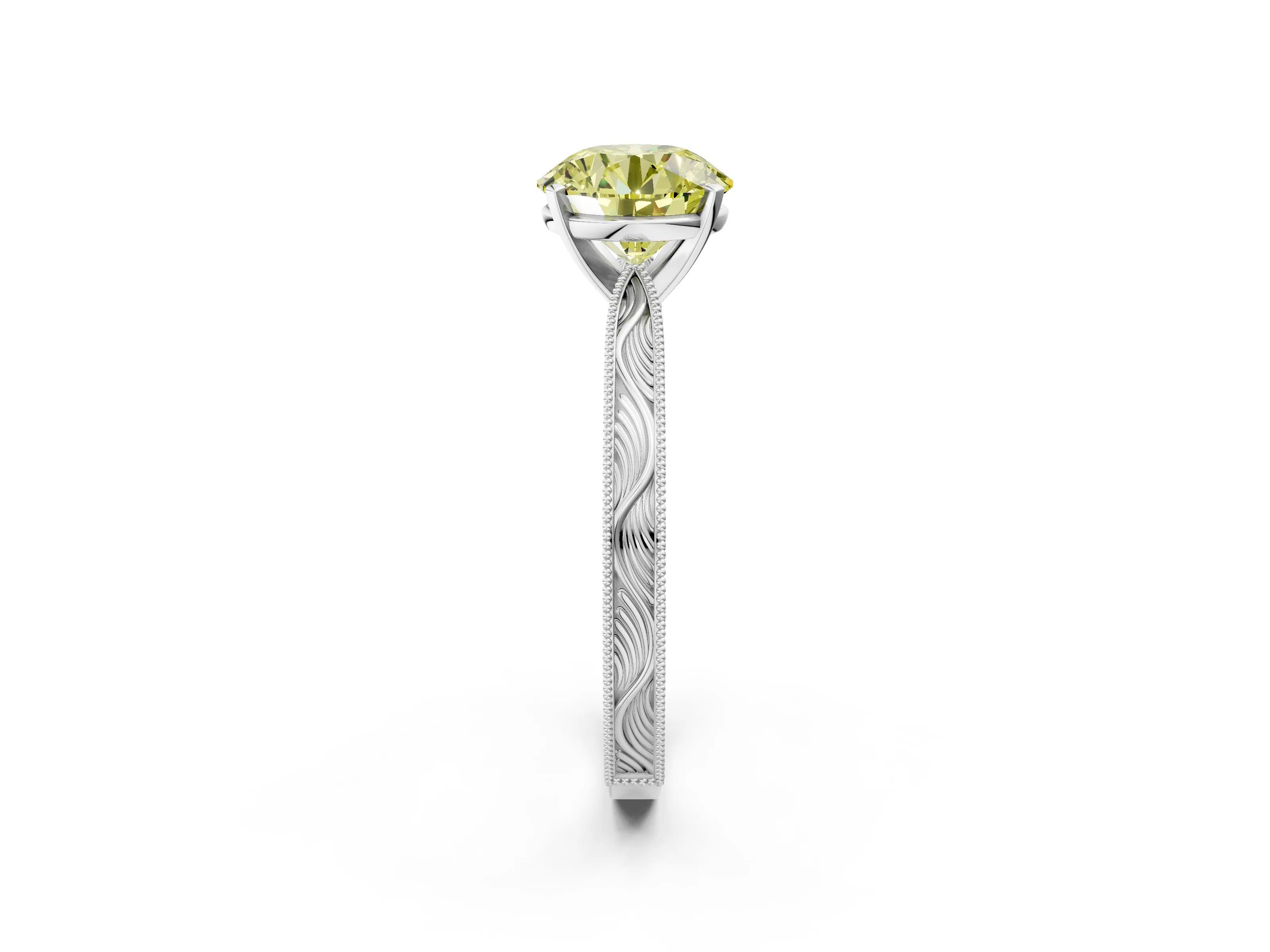 White gold Fancy Yellow Round Cut Solitaire Milgrain Engraved Band with Four-Prong Setting_14