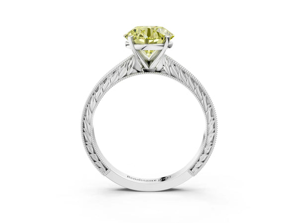 Platinum Round Solitaire Engagement Ring Setting for Fancy Yellow Center with Engraved Band