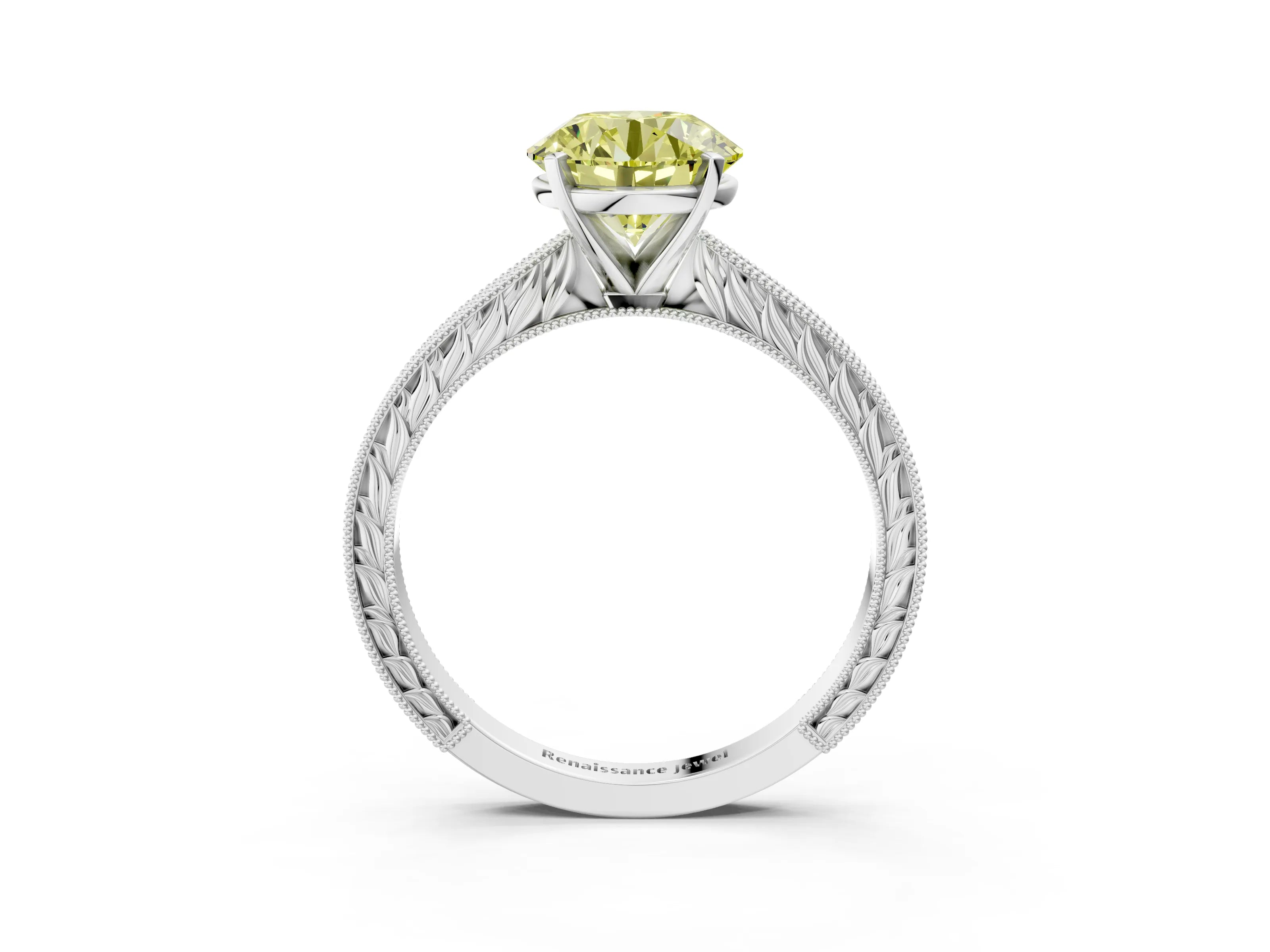 White gold Fancy Yellow Round Cut Solitaire Milgrain Engraved Band with Four-Prong Setting_15