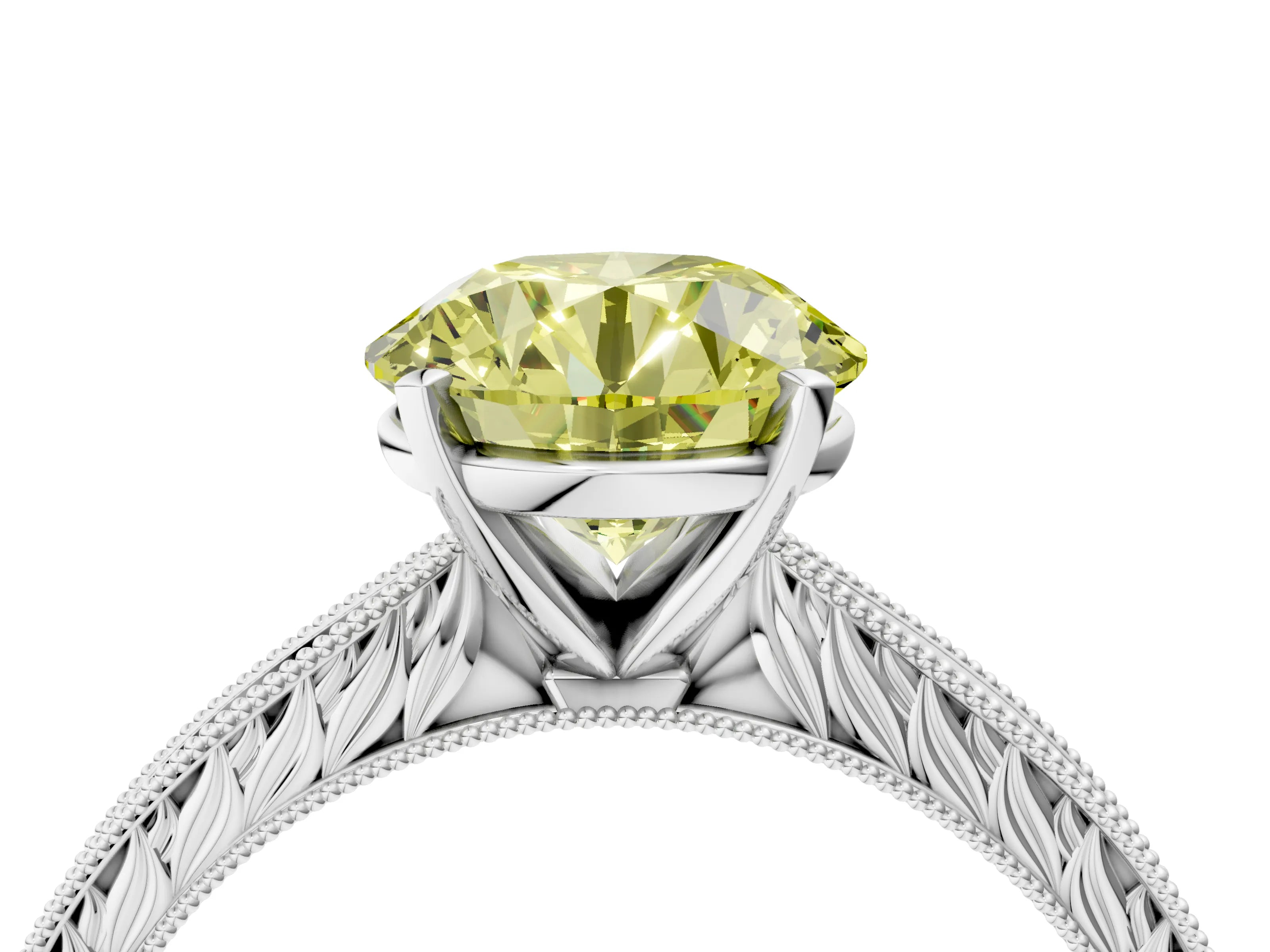 White gold Fancy Yellow Round Cut Solitaire Milgrain Engraved Band with Four-Prong Setting_16