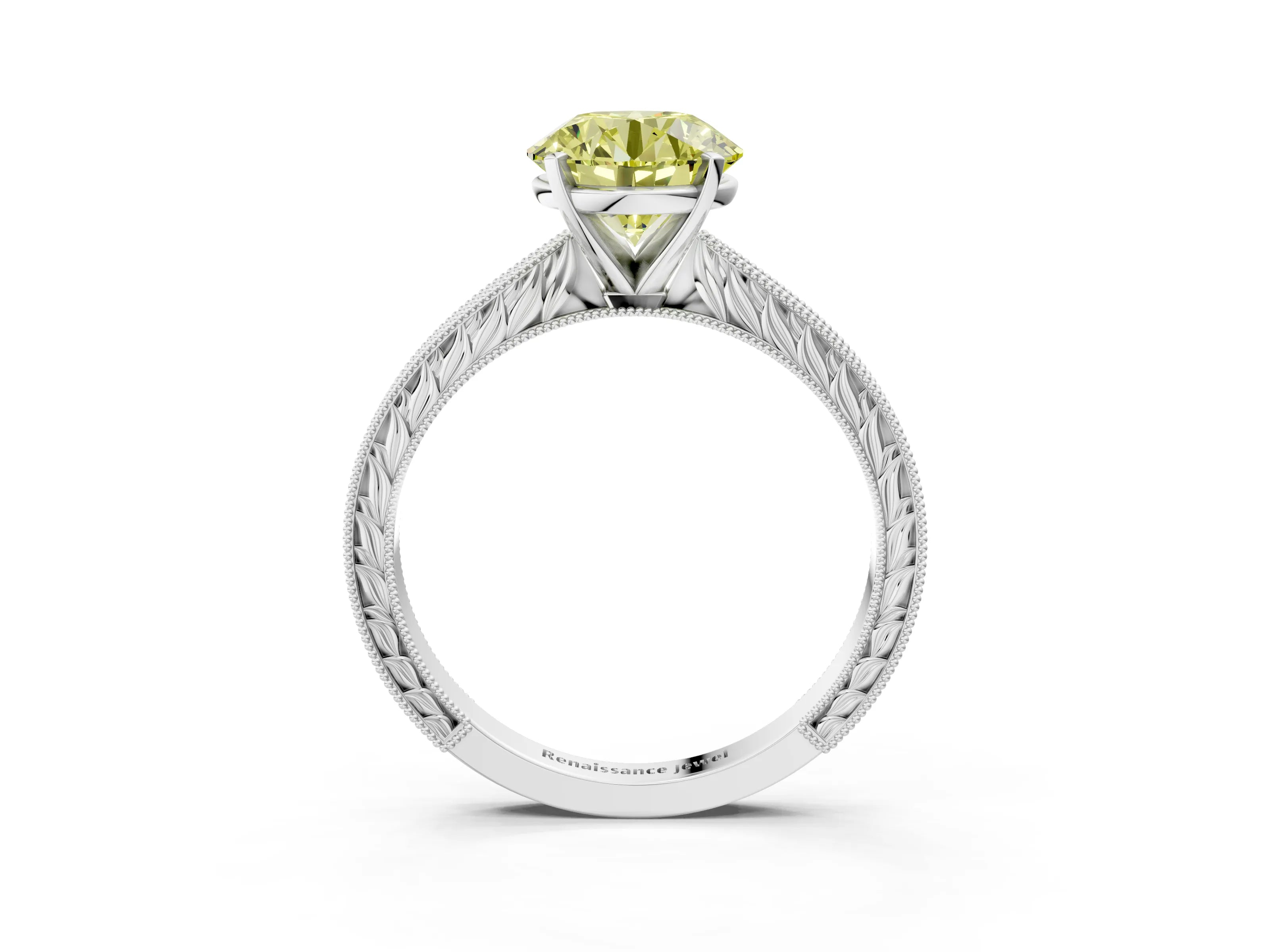 White gold Fancy Yellow Round Cut Solitaire Milgrain Engraved Band with Four-Prong Setting_3