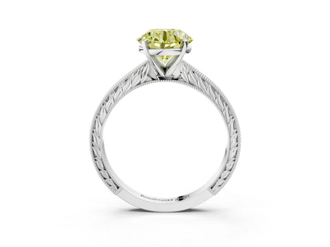 White gold Fancy Yellow Round Cut Solitaire Milgrain Engraved Band with Four-Prong Setting_3