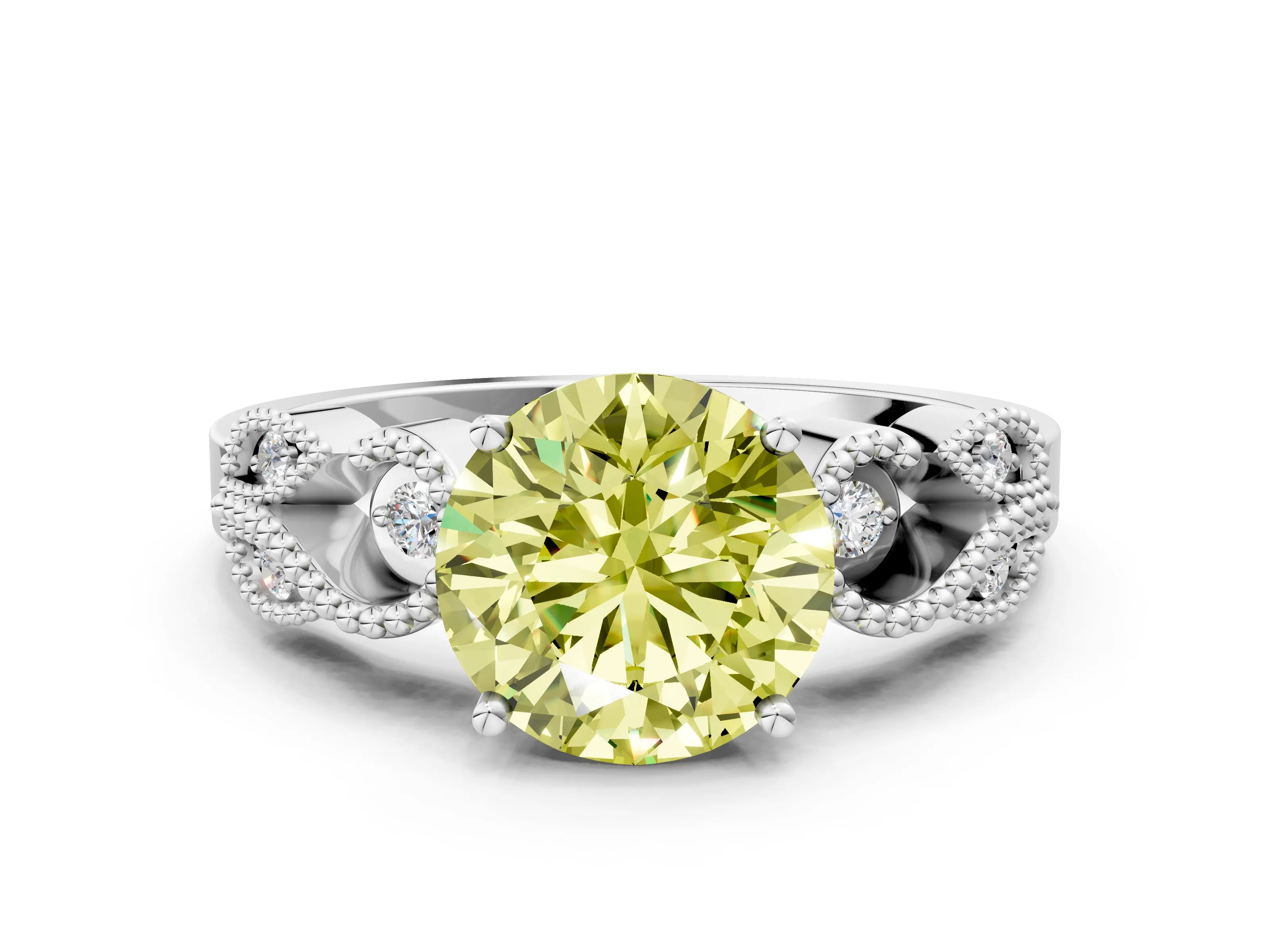 White gold Fancy Yellow Round Cut Solitaire Milgrain Leaf Band with Prong Setting