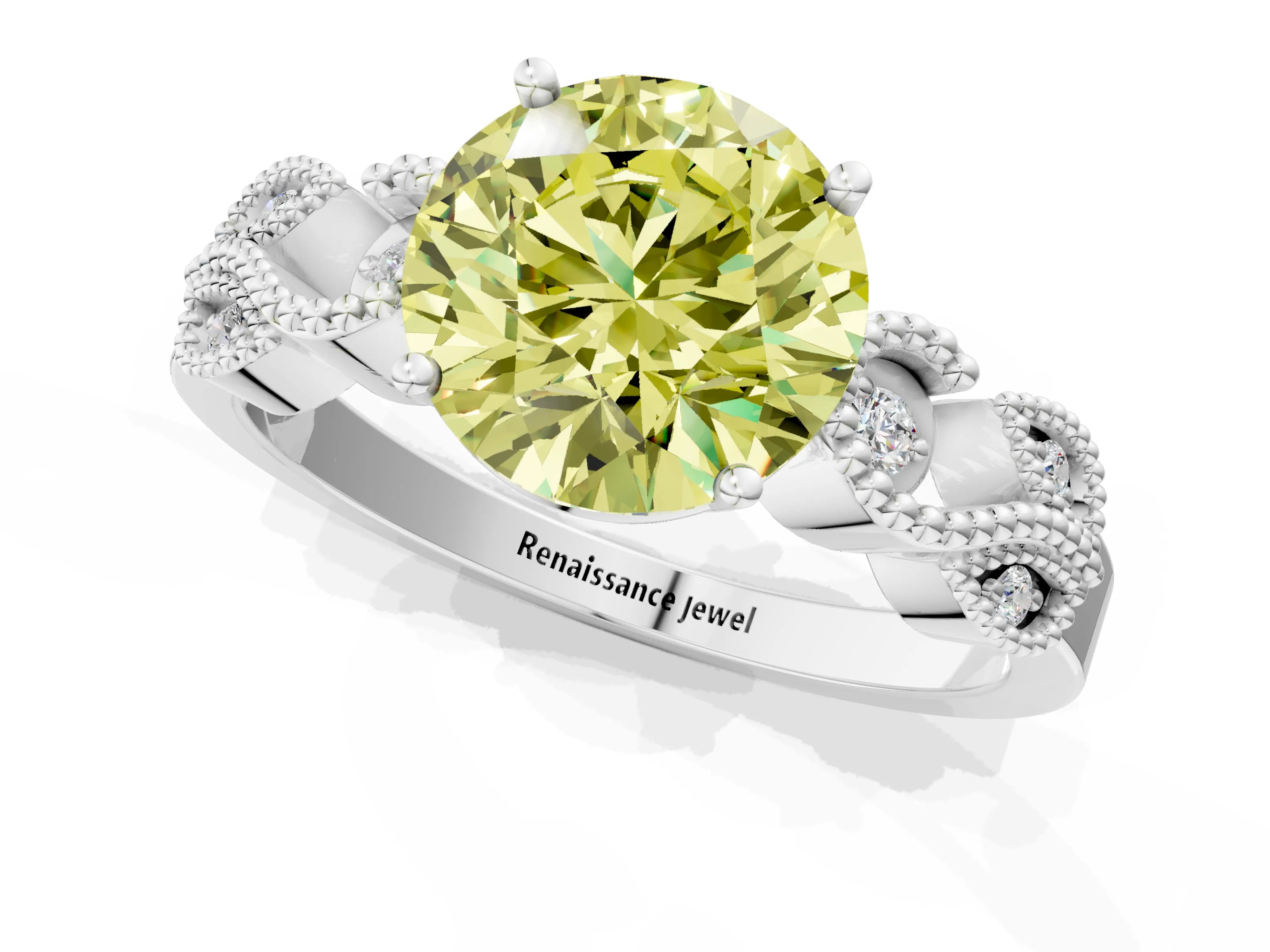 White gold Fancy Yellow Round Cut Solitaire Milgrain Leaf Band with Prong Setting_13