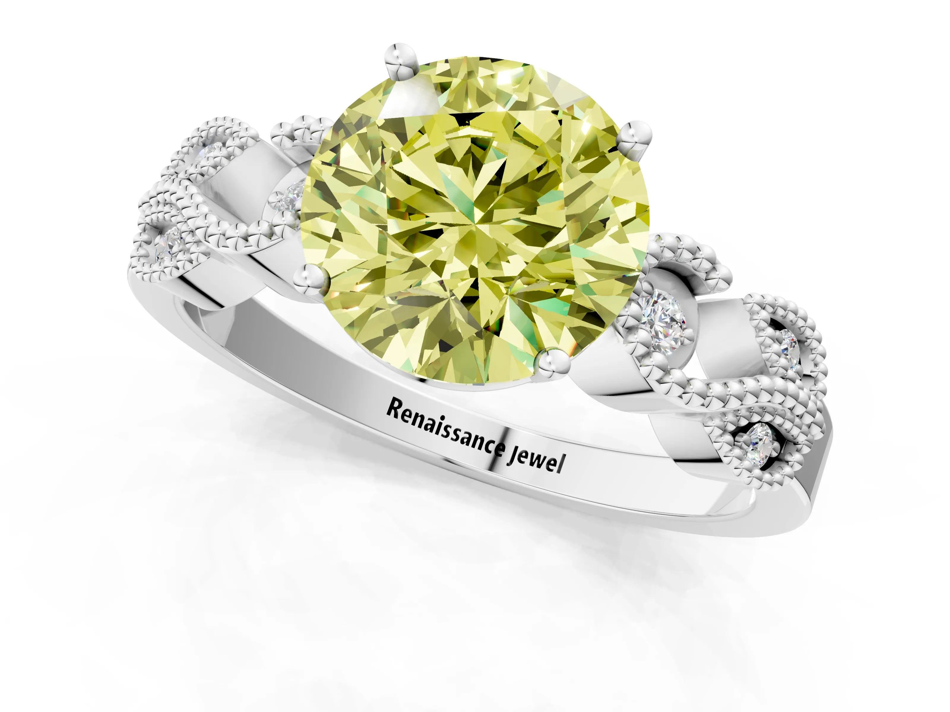 White gold Fancy Yellow Round Cut Solitaire Milgrain Leaf Band with Prong Setting_1