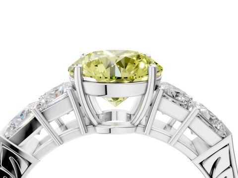 White gold Fancy Yellow Round Cut Solitaire Princess Side Stone Engraved Band Prong Setting Ring_16