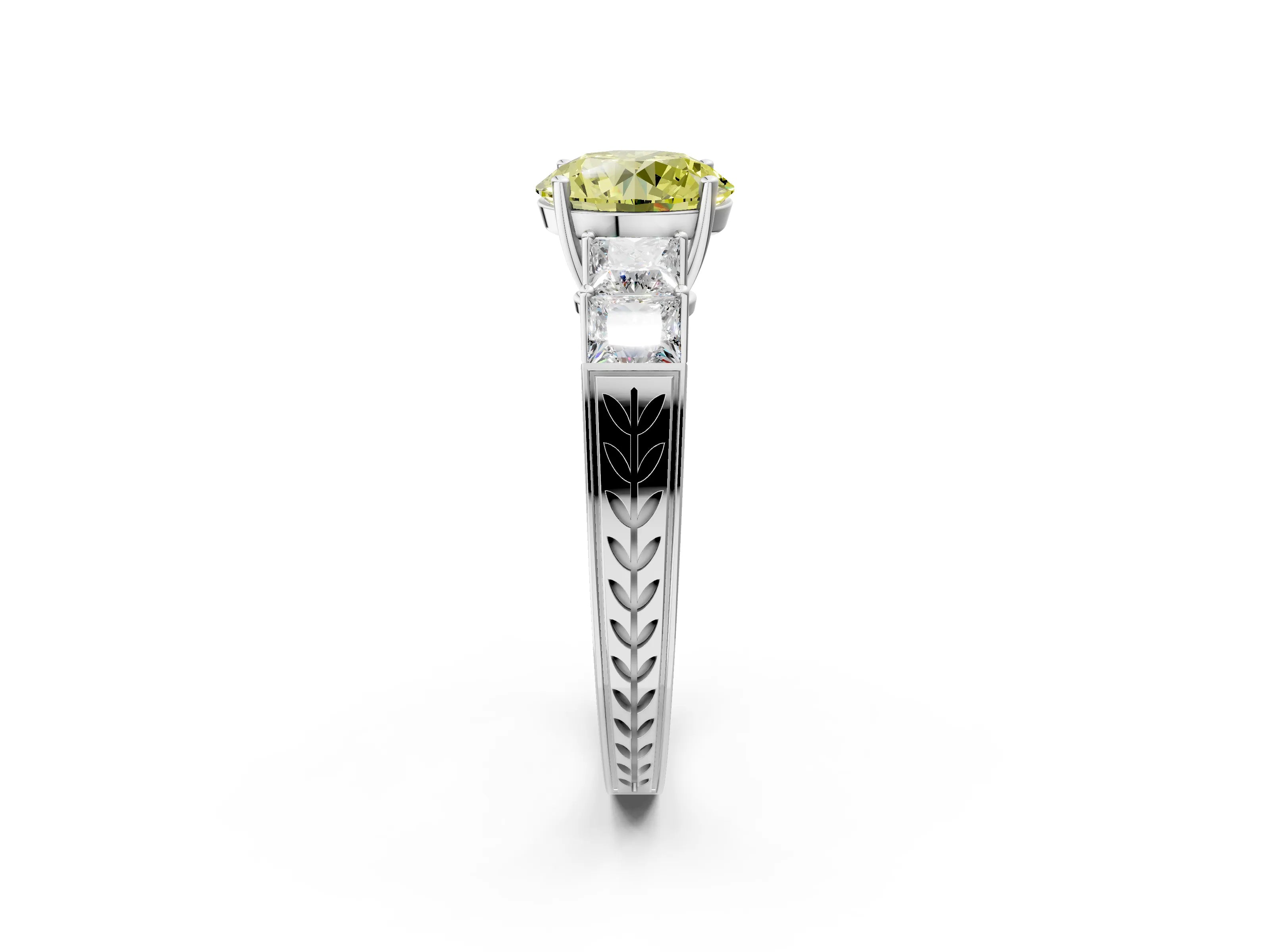 White gold Fancy Yellow Round Cut Solitaire Princess Side Stone Engraved Band Prong Setting Ring_2